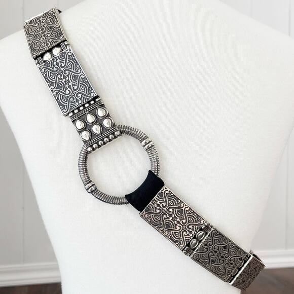 Beaded Metal Stretch Belt Hip Slung Embossed Boho Bohemian Size L/XL Silver Blk